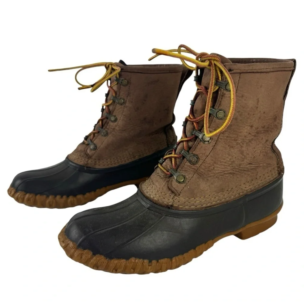 LL Bean The Bean Duck Lace Up Boots Brown Leather Rubber Size 8 Vintage Snow